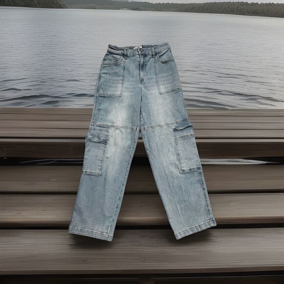 Madden NYC High Rise Cargo Jeans M (27x27.5) Blue Elastic Waist Stretch Womens - Picture 1 of 9
